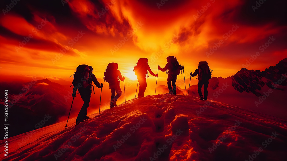 Fototapeta premium Hikers summit sunset mountains teamwork