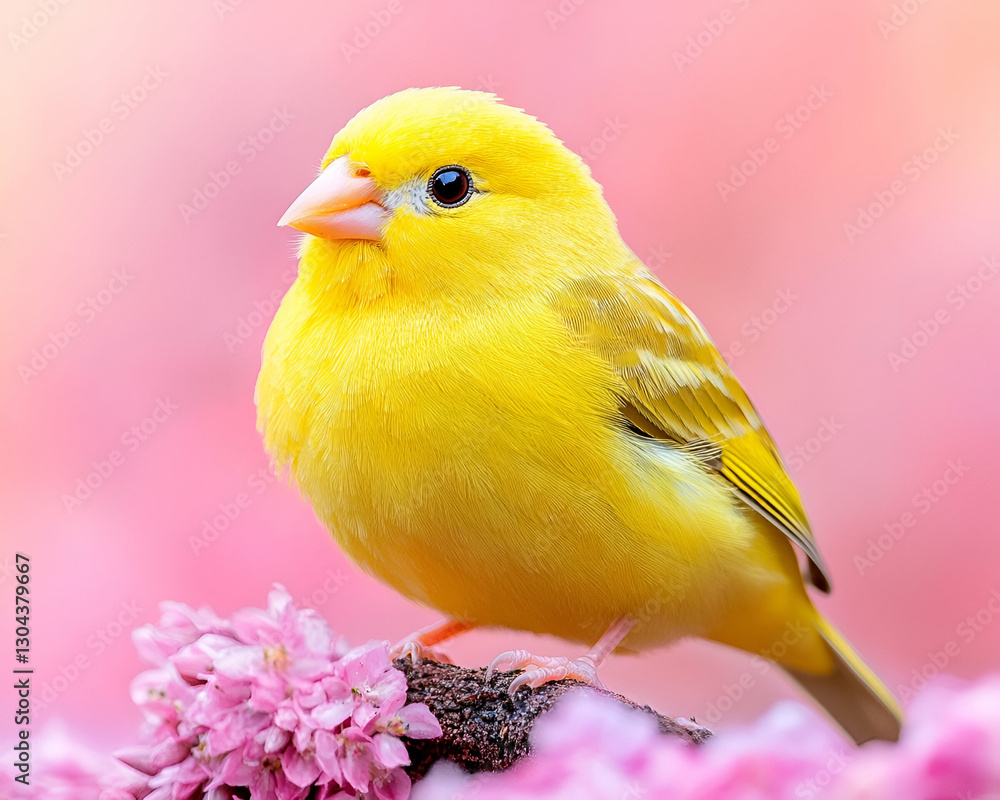 Yellow bird perched on pink blossoms, spring garden Yellow bird perched on pink blossoms, spring garden