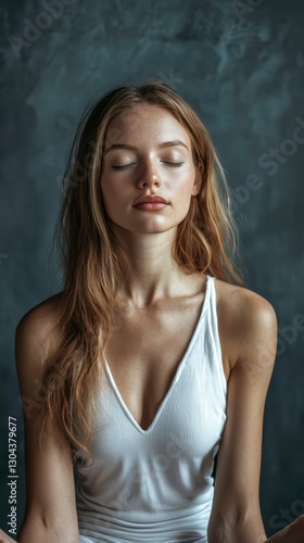 Serene Woman: A young woman with long blonde hair, eyes closed, exudes tranquility and inner peace in a contemplative pose.