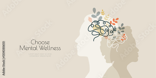 Mental Health banner. Choose Mental Wellness. Silhouettes  with brain and floral elements.
