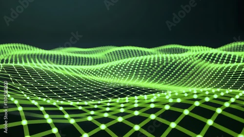 Digital Landscape of Glowing Green Grid Lines Forms Futuristic Wave Pattern Against Dark Background, Evoking Sense of Technology and Innovation with Dynamic Wave Patterns and Technological Atmosphere