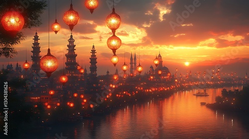  Tranquil Sunset Over River with Glowing Lanterns and Silhouetted Pagodas