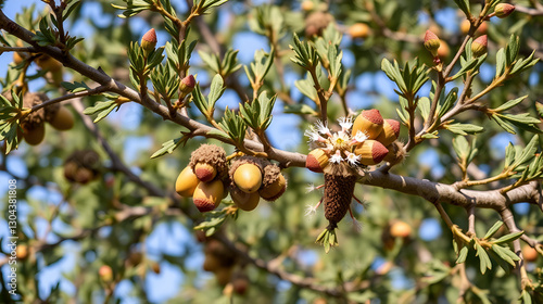 Cork oak tree branches with ripe acorns and flowers, branches, Quercus suber, ripe acorns