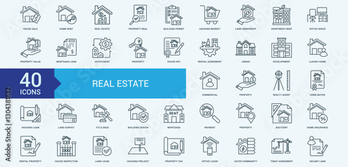 Real estate icon collection set with house sale, home rent, real estate, property real, building permit