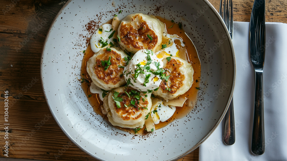Golden Polish Pierogi with Potato and Cheese and Sour Cream Golden Polish Pierogi with Potato and Cheese and Sour Cream