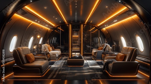 Luxurious Private Jet Interior Lounge, Ambient Lighting photo