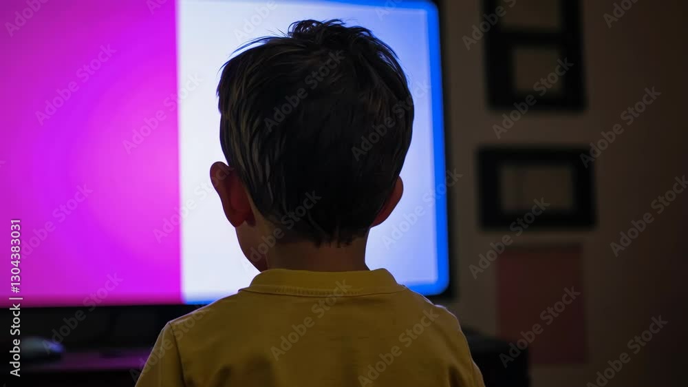 Child captivated by colorful television display in a dimly lit room during evening hours Child captivated by colorful television display in a dimly lit room during evening hours