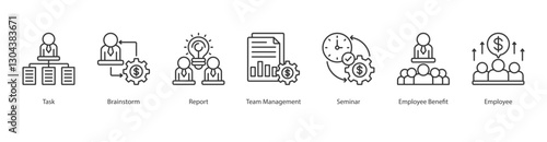 Resource Management Icon Sheet employee, task, brainstorm, report, efficiency, seminar, employee benefit