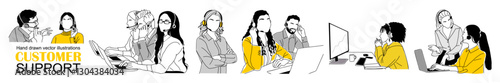 Customer service, call center concept. Online technical support, Hotline operators, virtual assistants, office workers with headsets. Multiethnic, diverse team. Modern vector outline illustrations.