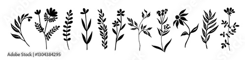 Set of tiny wild flowers and plants silhouettes. Trendy greenery hand drawn black sketch collection for logo, tattoo, wall art, packaging. Vector botanical illustrations isolated 