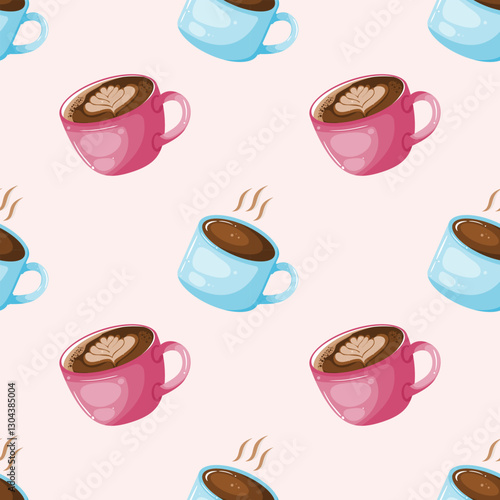 A playful seamless pattern featuring various coffee mugs, including latte art and steam, in pink and blue hues.