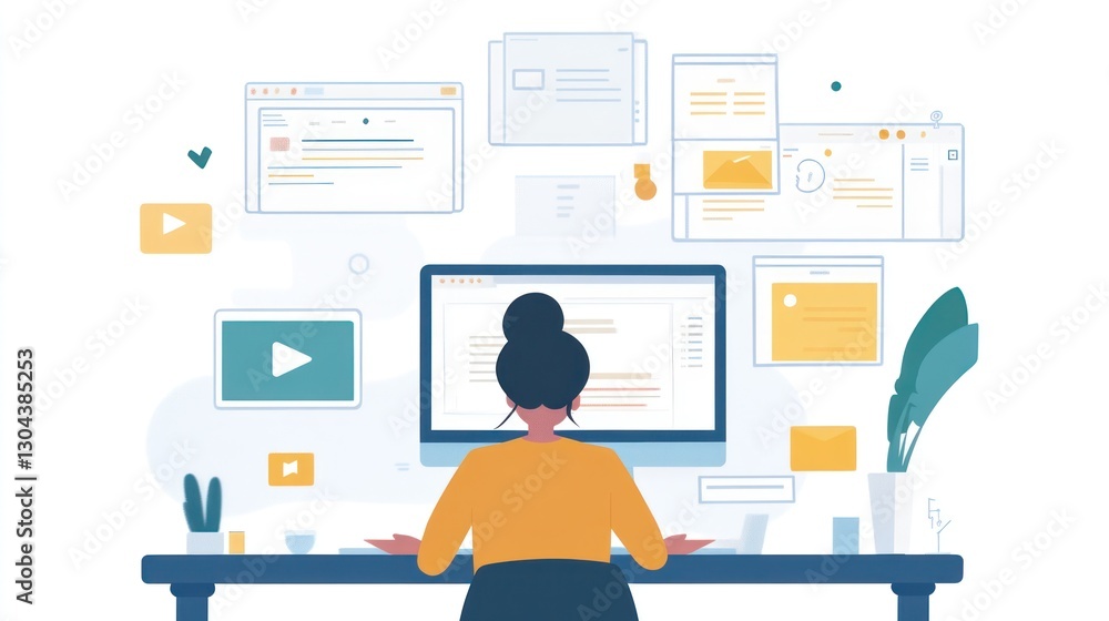 Woman Working on Computer with Multiple Documents and Videos Woman Working on Computer with Multiple Documents and Videos