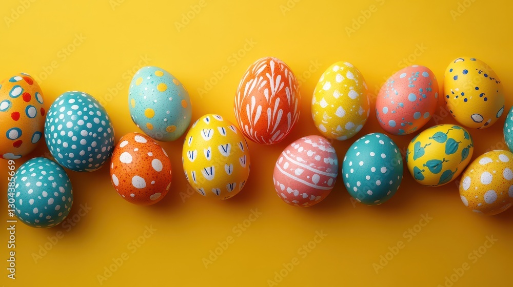 A vibrant Easter tableau, where a kaleidoscope of colorful eggs, painted and adorned, rested on a sunny yellow surface, offering ample copy space to celebrate the joy of spring and the resurrection. A vibrant Easter tableau, where a kaleidoscope of colorful eggs, painted and adorned, rested on a sunny yellow surface, offering ample copy space to celebrate the joy of spring and the resurrection.