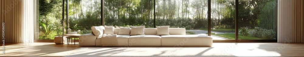 Fototapeta premium Modern living room with large windows overlooking lush greenery