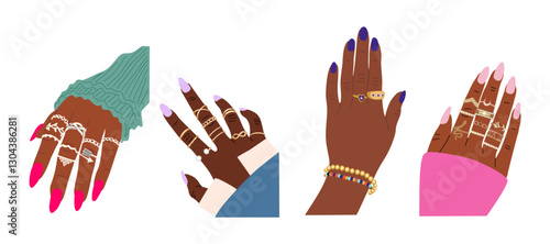 Set of different Female hands with modern manicure, golden, silver finger rings, bracelets on wrist. Nail treatment, beauty, jewelry advertising concept. Flat Vector illustrations