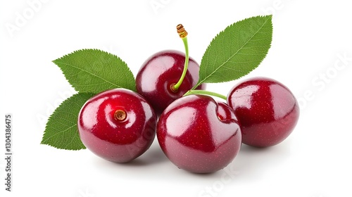 Wallpaper Mural Fresh Red Cherries with Green Leaves Arranged on a White Background Torontodigital.ca
