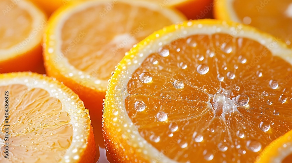 A close-up shot of freshly sliced oranges with dewdrops on the surface, vibrant colors A close-up shot of freshly sliced oranges with dewdrops on the surface, vibrant colors