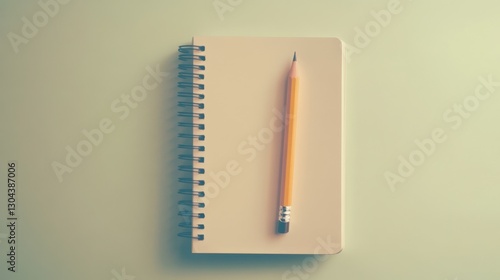 Cream-colored notebook and pencil on a soft beige background, subtle and sophisticated style.