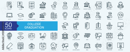 College graduation icon collection set with graduate, diploma, tests, college, finance