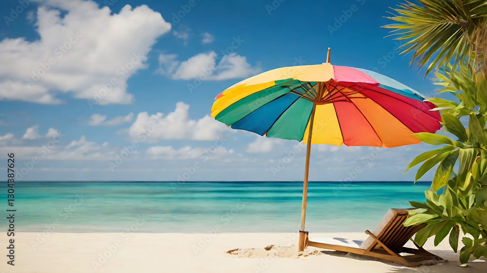 Relaxing Beach Scene with Colorful Mini Umbrella and Swaying Palm Leaves. Relaxing Beach Scene with Colorful Mini Umbrella and Swaying Palm Leaves.