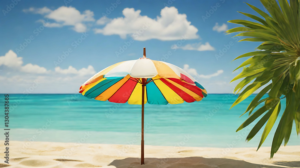 Relaxing Beach Scene with Colorful Mini Umbrella and Swaying Palm Leaves. Relaxing Beach Scene with Colorful Mini Umbrella and Swaying Palm Leaves.