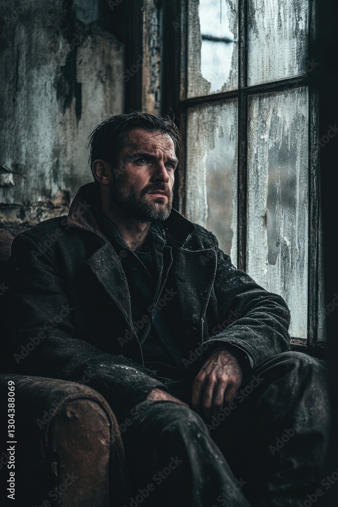 Obraz premium Man in worn clothing reflecting on life while sitting by a window