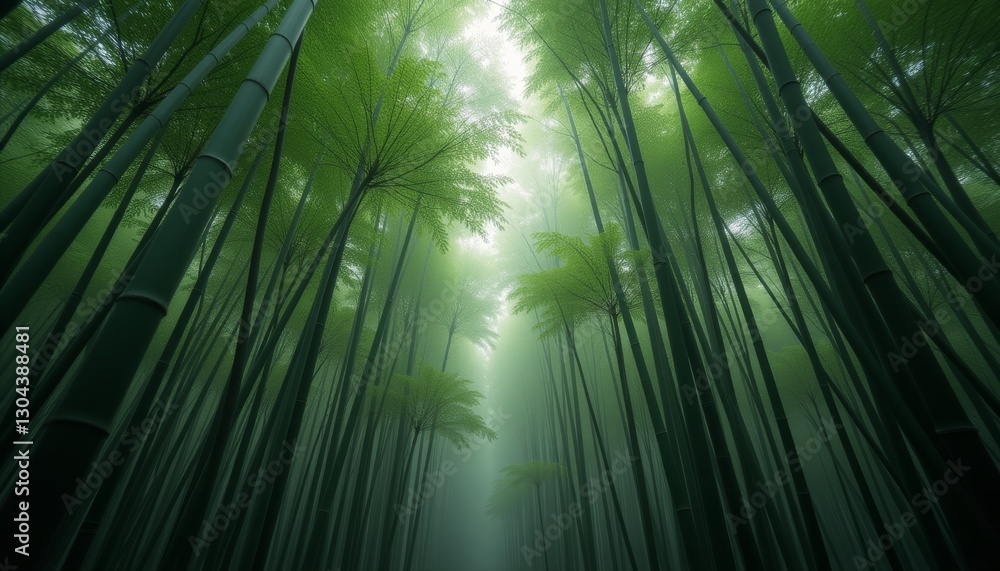 Fototapeta premium Misty Bamboo Forest with Sunlight Filtering Through