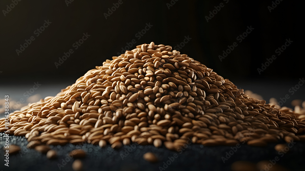 Obraz premium Cumin seeds arranged in a neat pile on a dark, smooth background, emphasizing their natural shape and color.
