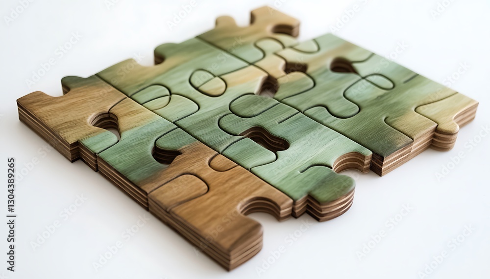Fototapeta premium Simple yet elegant wooden puzzle with soothing green tones on white