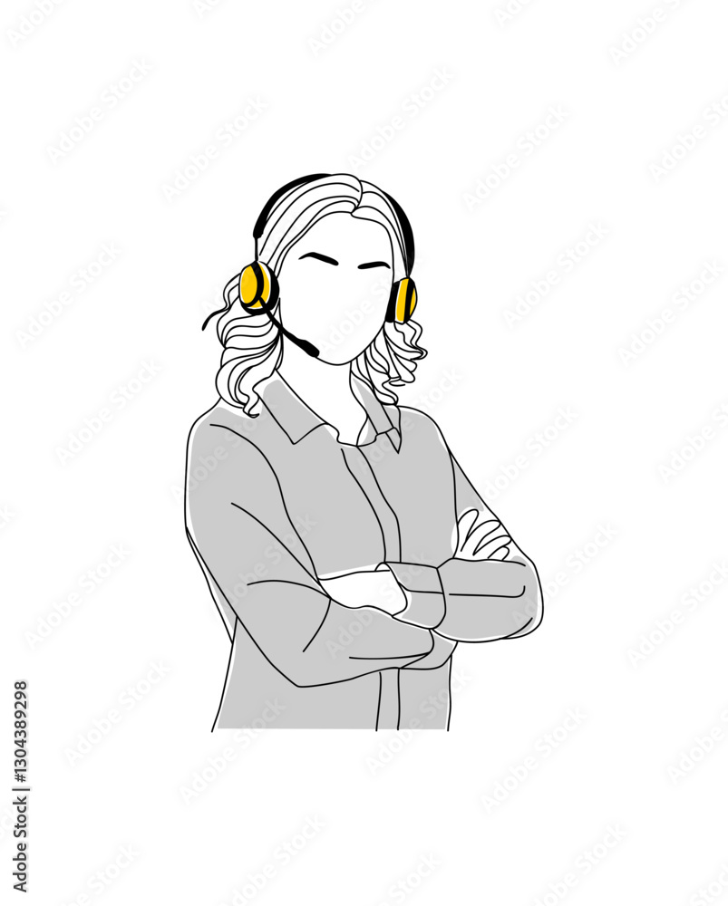 Customer service, call center representative. Hotline operator girl, online virtual assistant, office worker with headset. female character. Modern vector outline illustration isolated Customer service, call center representative. Hotline operator girl, online virtual assistant, office worker with headset. female character. Modern vector outline illustration isolated