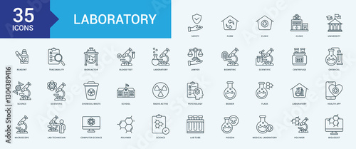 Laboratory icon collection set with safety, flow, clinic, university, reagent, traceability, bioreactor, blood test
