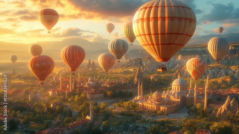 Obraz premium Sunrise hot air balloons soar over Cappadocia, Turkey