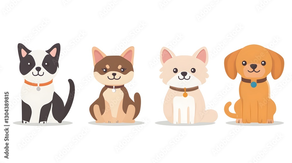Cute Cartoon Pets Including Cat and Dog Characters in a Row