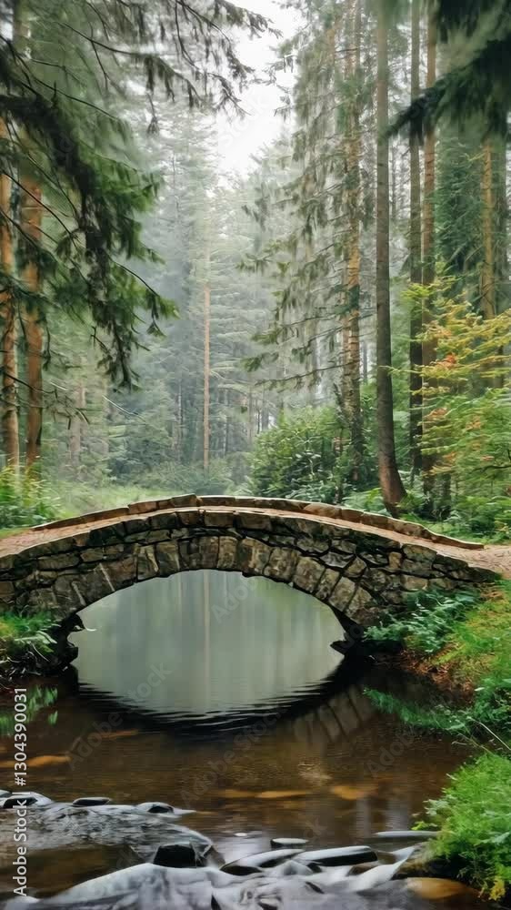 Tranquil forest setting with a stone bridge arching over calm water in a serene wooded area Tranquil forest setting with a stone bridge arching over calm water in a serene wooded area
