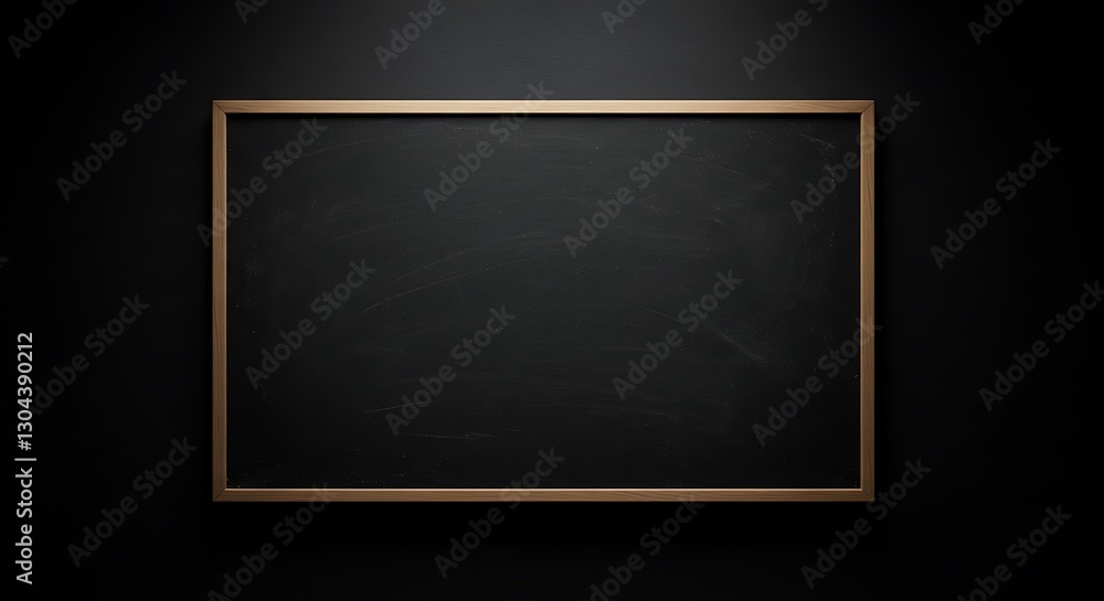 Clean Empty Blackboard with Wooden Frame on Dark Wall Background Clean Empty Blackboard with Wooden Frame on Dark Wall Background