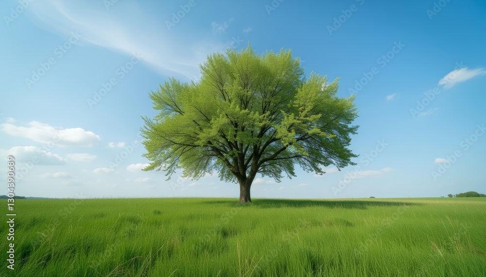 Oak Tree Standing Alone in a Vast Green Field Under a Clear Blue Sky Oak Tree Standing Alone in a Vast Green Field Under a Clear Blue Sky