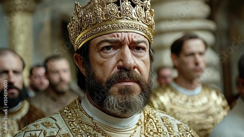 Regal figure in ornate crown, surrounded by attendants, portraying a historical moment in a grand setting