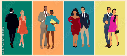 Set of multiracial and multinational couples wearing evening formal outfits for celebration, wedding, event, party. Happy men and women in gorgeous clothes vector realistic illustration isolated.