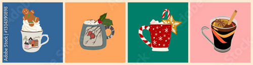 Set of Christmas hot drinks - chocolate, cacao, mulled wine with gingerbread, marshmallow, cinnamon, anise star. Winter holiday traditional drinks in modern cups and mugs. Flat vector illustrations.