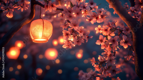 Illuminated Cherry Blossoms – Lantern-lit Sakura in a Dreamy Night