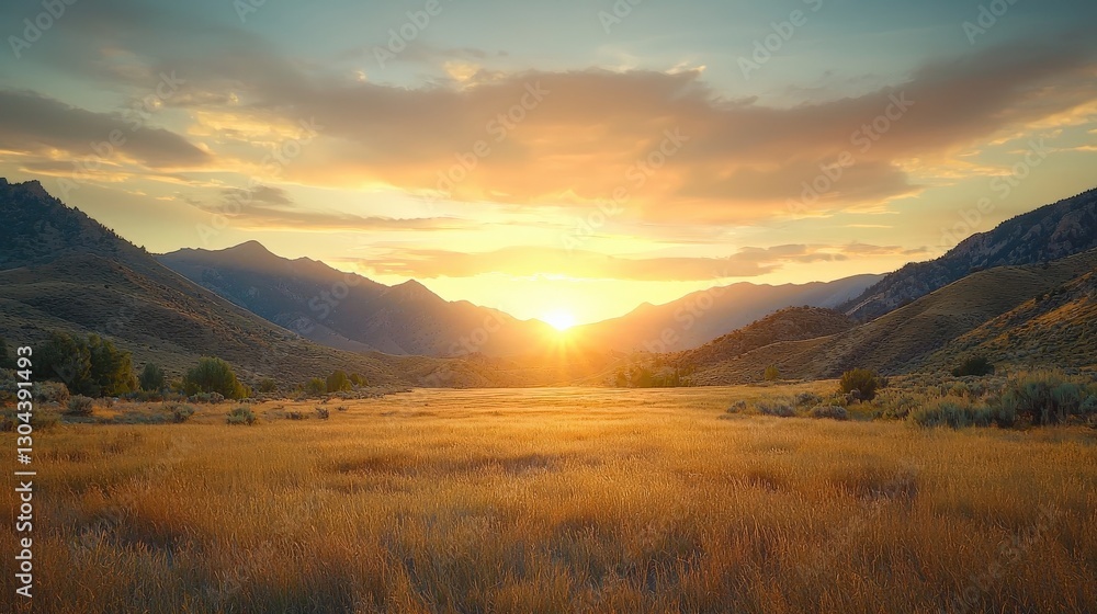 Scenic sunset over mountains and a golden field. Scenic sunset over mountains and a golden field.