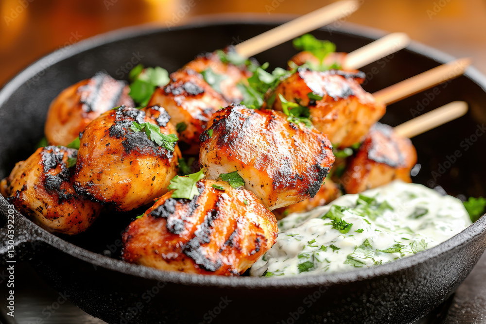 Fototapeta premium Greek-style chicken with tzaziki sauce. AI generative.