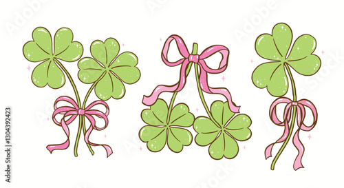 Coquette St Patricks Day Retro 4 Leaf Clover with Pink Bow Shamrock Hand Drawn Banner