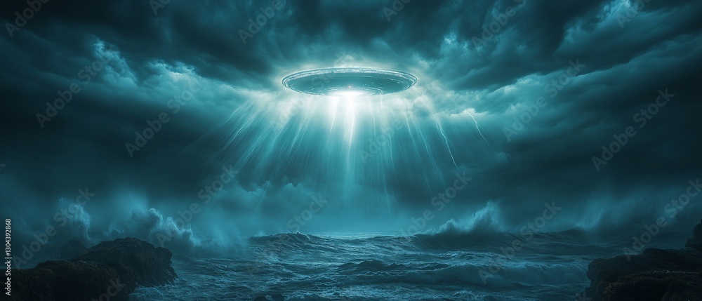 Fototapeta premium Mysterious UFO over stormy sea