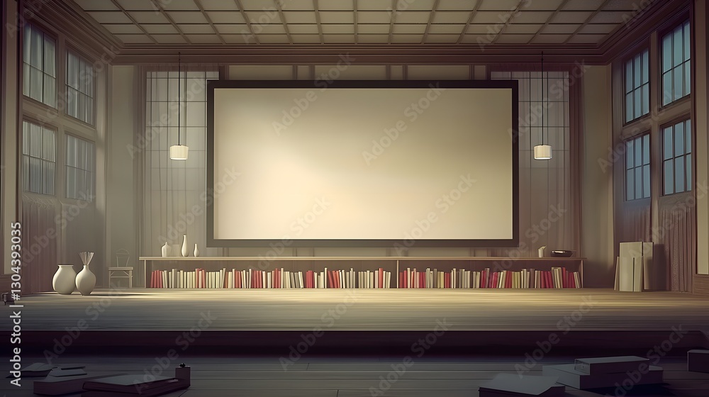 Minimalist Interior Design of a Spacious Room Featuring a Large Screen and Shelves of Books Minimalist Interior Design of a Spacious Room Featuring a Large Screen and Shelves of Books