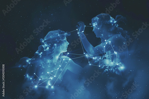 Abstract illustration of Gemini twins with constellation and stars representing zodiac sign astrology and cosmic connection, concept: gemini, twins, zodiac, astrology, cosmic