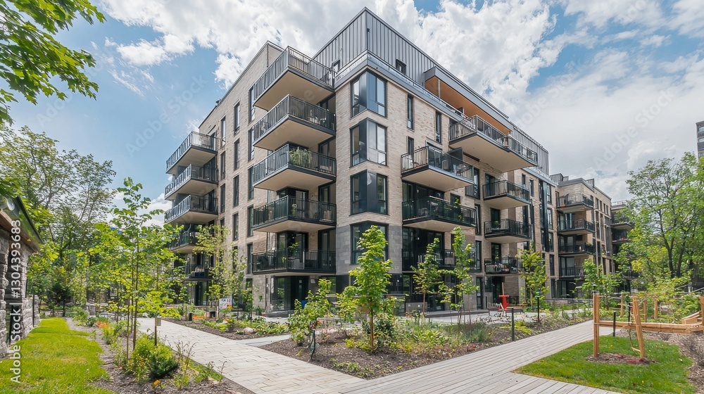 The cityscape backdrop highlights a modern, gray brick apartment house with numerous balconies and large windows, spanning multiple stories The cityscape backdrop highlights a modern, gray brick apartment house with numerous balconies and large windows, spanning multiple stories