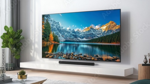 High-end Smart TV with a soundbar, elegantly mounted on a white wall in a contemporary living room.
