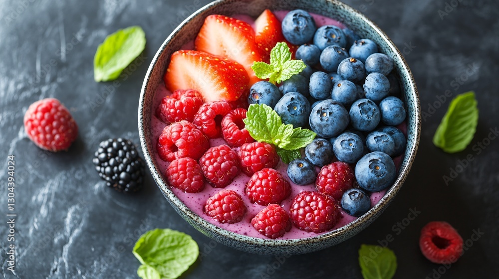 A vibrant acai bowl with an assortment of fresh berries, top-down photography A vibrant acai bowl with an assortment of fresh berries, top-down photography