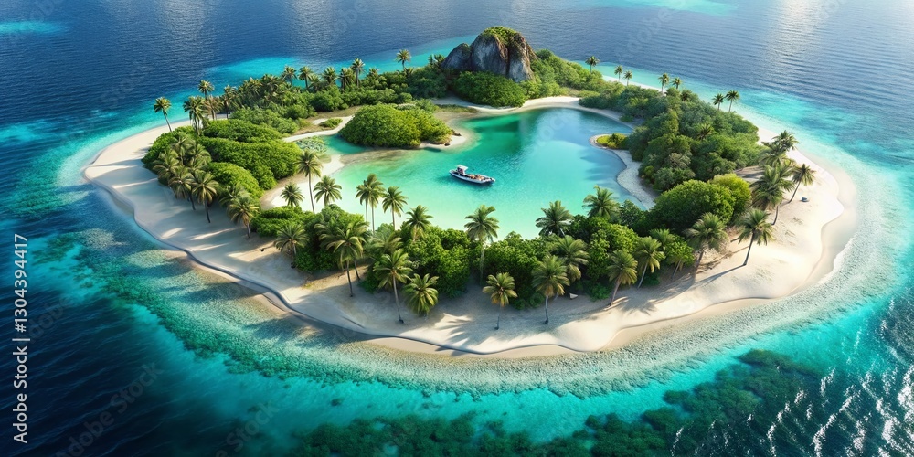 Fototapeta premium Aerial Paradise Island: Turquoise Waters, White Sands, Palm Trees